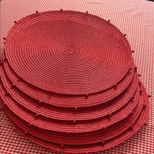 Set of 6 Red Sparkley Woven Placemats with Jingle-Bells Trim